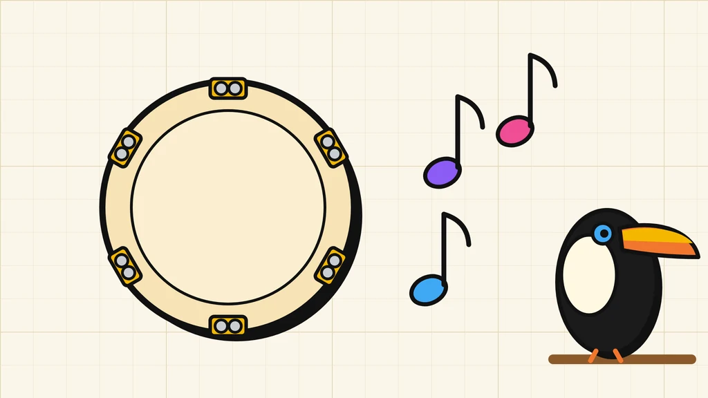 Ilustração: pandeiro, notas musicais e um tucano